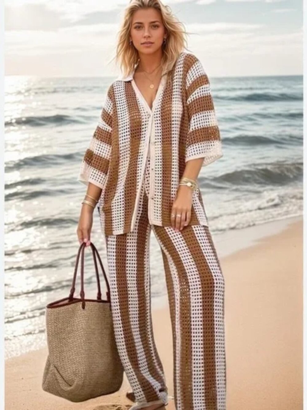 LIKE NEW! Solitaire Resort Crochet Wide Leg Striped Pant Set Size Medium
